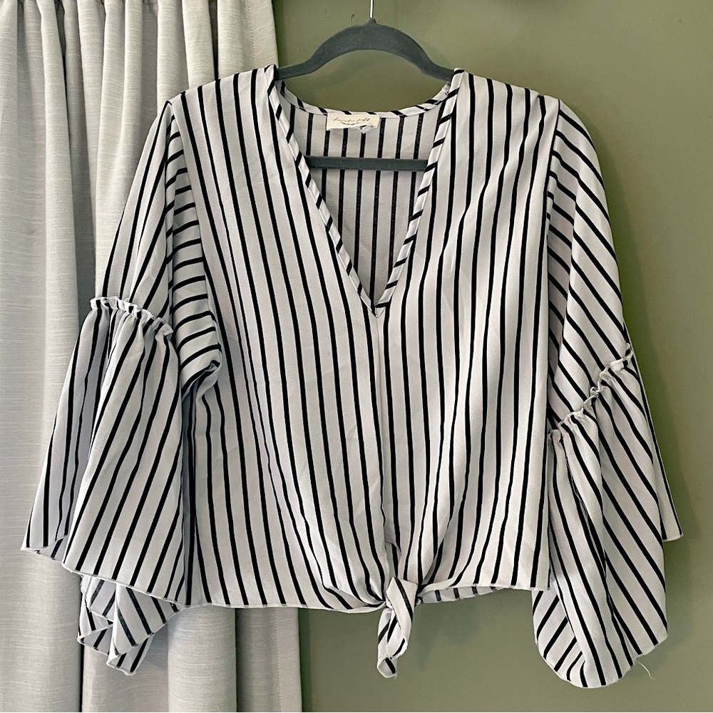 Lavender Field Black and White Striped Bell Sleeve Blouse